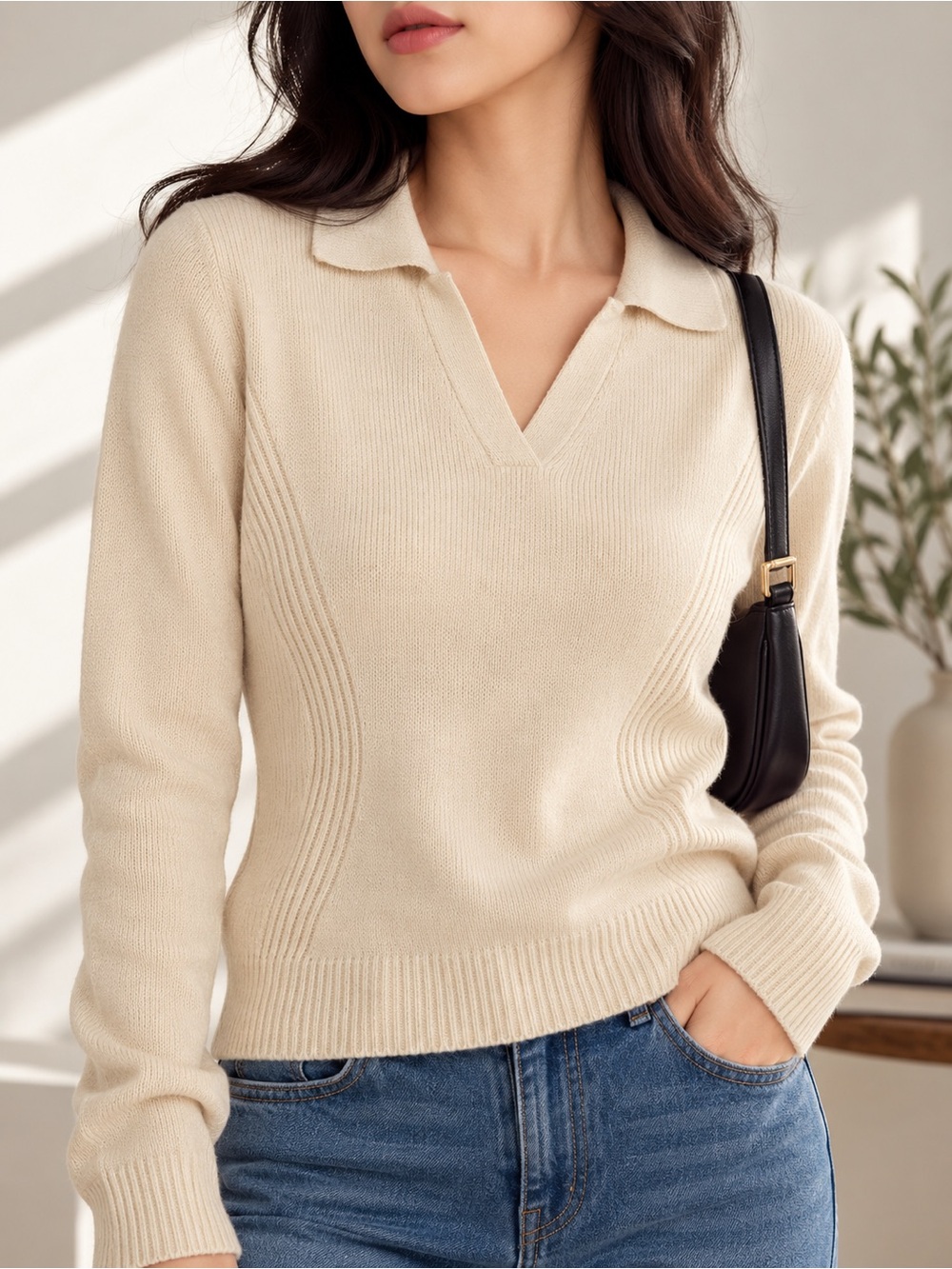 U2 Ladies Cream Ribbed Knit Polo Sweater V-Neck Long Sleeve Size M